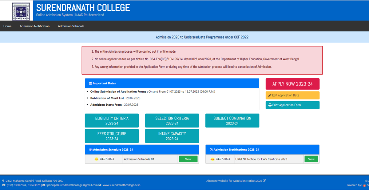 Surendranath College Merit List 2023